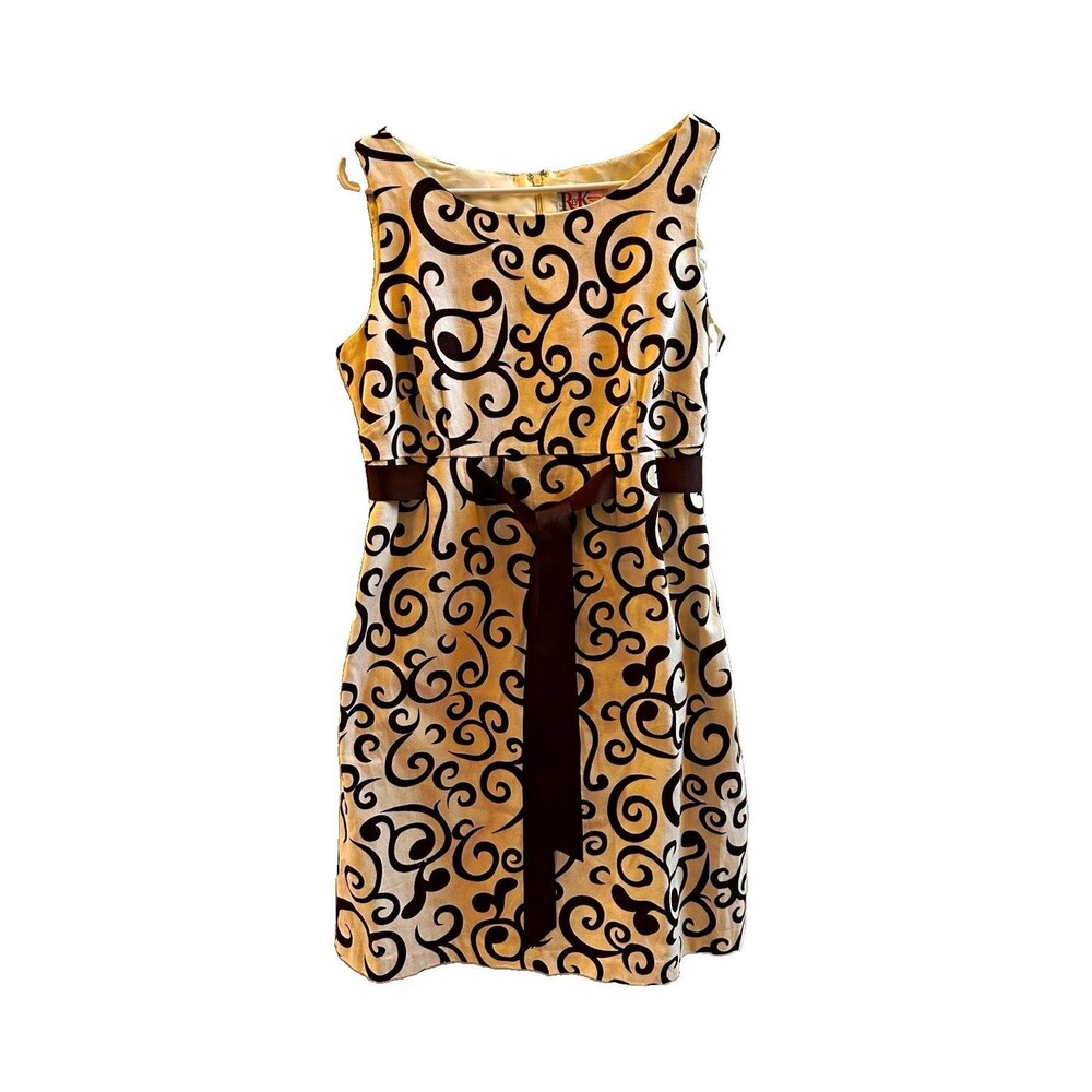R&K Originals Petite 14P Beige Brown Swirl Sleeveless A-Line Ribbon Dress Whimsy